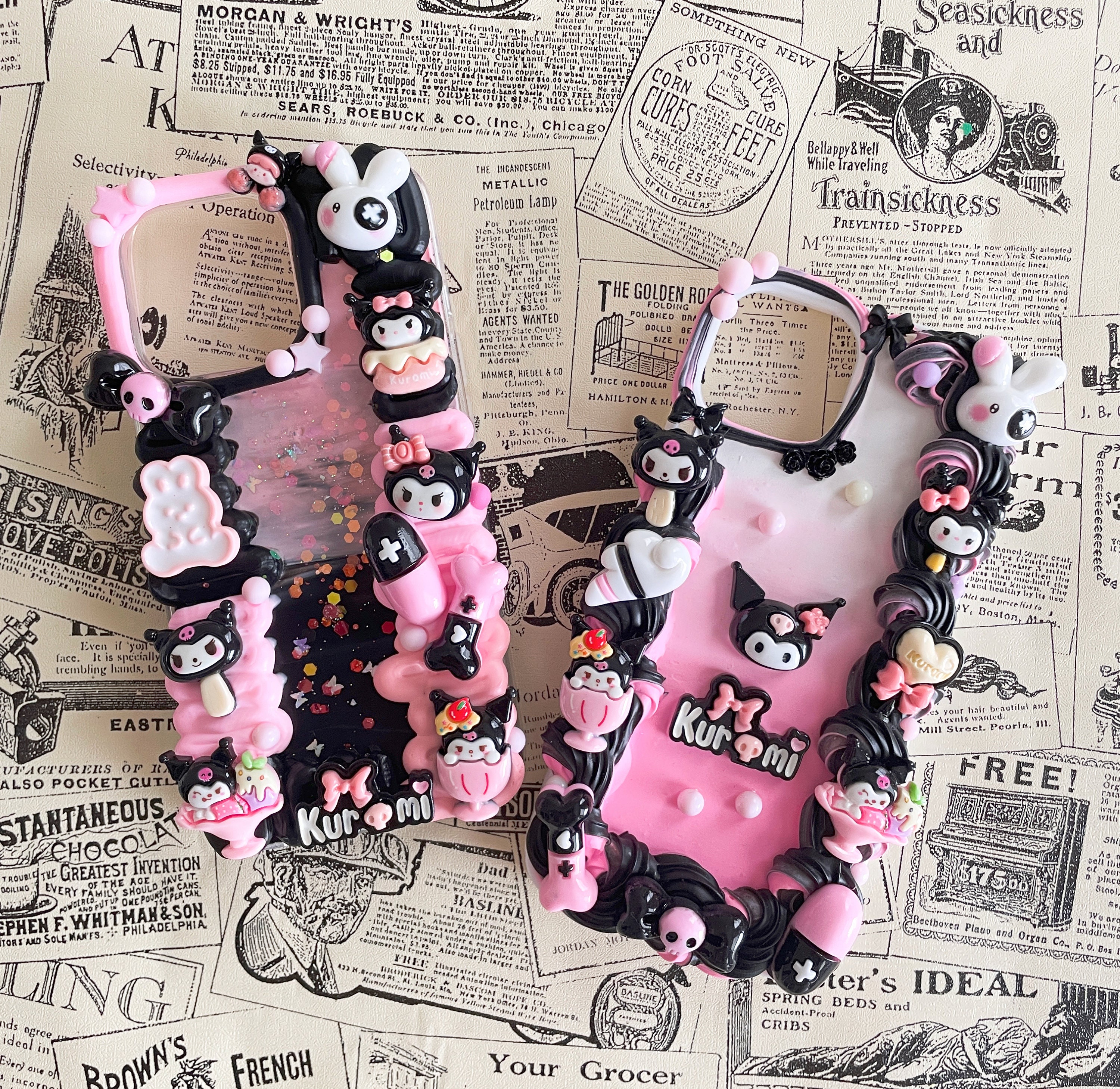 Kawaii Cute Decoden Phone Cases for All Models, Pink and Black Handmade Custom Phone Cases, Whipped Cream Glue