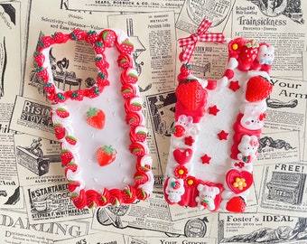 Strawberry Cake and Strawberry Bunny Decoden Phone Cases for All Models, Cute Kawaii Handmade Phone Cases, Cream Glue