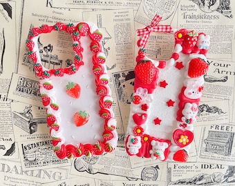 Strawberry Cake and Strawberry Bunny Decoden Phone Cases for All Models, Cute Kawaii Handmade Phone Cases, Cream Glue