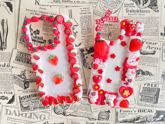 Strawberry Cake and Strawberry Bunny Decoden Phone Cases for All Models, Cute Kawaii Handmade Phone Cases, Cream Glue