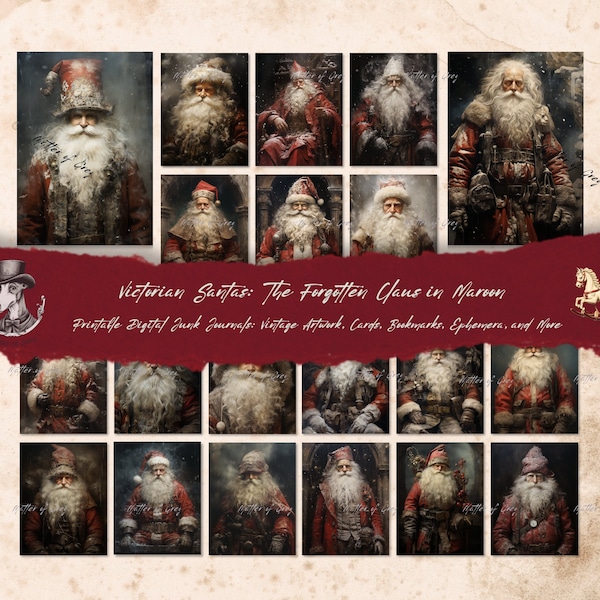 Victorian Santas: The Forgotten Claus in Maroon - Junk Journal Kit Vintage printable digital scrapbook and collage paper. Commercial Use.