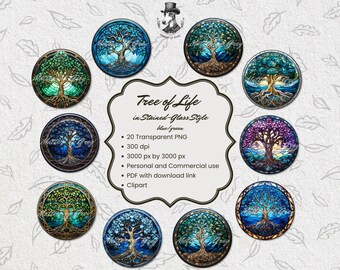 May include: Set of 10 digital clipart images featuring a tree of life design in a stained glass style. The images are available in blue and green color schemes and are 3000 pixels by 3000 pixels.