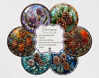 May include: Set of five digital clipart images of pine cones in a stained glass style. The images are circular and feature different colors and designs. The text "Pipecopes Stained Glass Style" is included in the image.