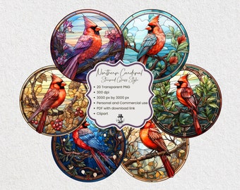 Northern Cardinal Clipart as Stained-Glass Style Design – 20 transparent PNG collection.  Instant digital download, and commercial use.