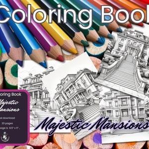 Libro para colorear Majestic Mansion: Arte arquitectónico para adultos y niños, Libro para colorear de terapia de salud mental, Descarga instantánea en PDF