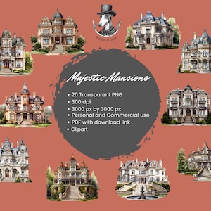 Majestic Mansions Clipart Collection - 20 Unique Images, scrapbooking, crafting, cards, invitations. PNG, instant download, commercial use