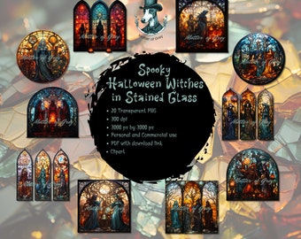 Spooky Halloween Witches in Stained Glass Clipart. PNG images for Instant digital download and for commercial use.