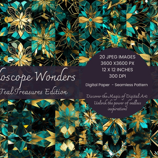 Kaleidoscope Wonders: Terrific Teal Treasures. Seamless, Art pattern, commercial, scrapbook, gift wrap, card making, digital paper.