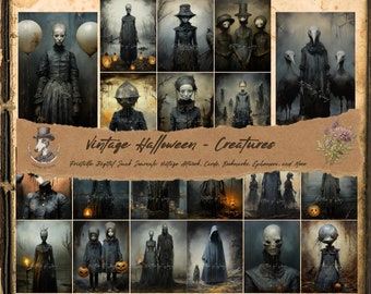 May include: A digital collage of vintage Halloween-themed illustrations featuring creatures, including a girl with a lantern, a skeletal figure, and a hooded figure. The text "Vintage Halloween - Creatures" is displayed on a brown paper background.