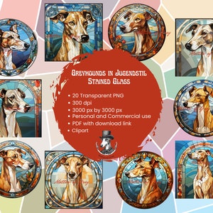 Levrieri in immagini PNG clipart in vetro colorato Jugendstil in stile Art Nouveau. Download digitale istantaneo e uso commerciale.