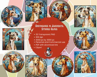 May include: A set of 20 digital illustrations of greyhounds in a stained glass style. The illustrations are in a vibrant color palette and feature intricate details. The illustrations are perfect for use in crafts, scrapbooking, and other creative projects.