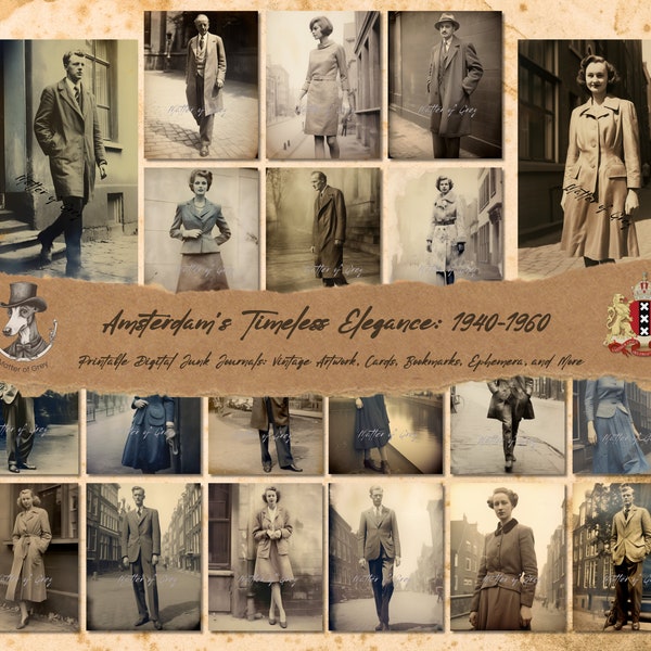 Amsterdam's Timeless Elegance: 1940 - 60 Digital Junk Journal Kit with vintage photo image design. Digital download print paper.