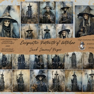 Enigmatic Portraits of Witches - Realist Figure Paintings in Bichromate Vintage printable digital scrapbook and collage paper Commercial Use