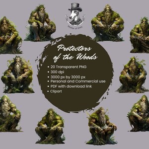 May include: Digital clipart set featuring illustrations of forest protectors. Each figure is depicted as a humanoid form made of wood and foliage, with long beards and a stoic expression. The text "Protectors of the Woods" is also included.
