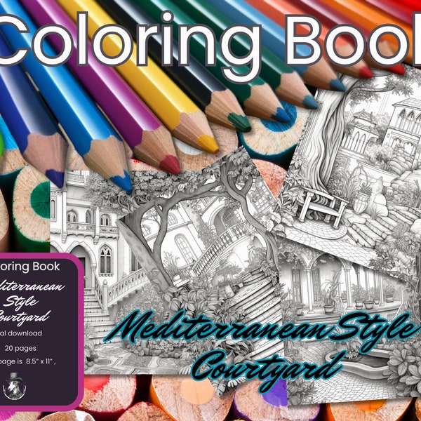 Fantasy Mediterranean Style Courtyard. Adult kids colouring book, art therapy, grayscale, Instant Download, Printable PDF, mental health