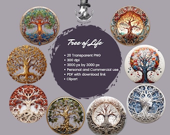 May include: A set of 20 digital illustrations of a tree of life in various styles. The illustrations are in a circular frame and feature different colors and designs. The illustrations are 3000 pixels by 3000 pixels and 300 dpi. The illustrations are available for personal and commercial use.