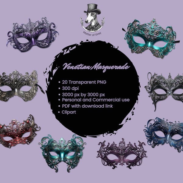 Instant Download Venetian Masquerade Clipart: 20 Unique PNG Images for Scrapbooking, Crafting, Cards - Commercial Use Included.