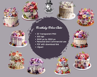 Clipart torta di compleanno - 20 design unici per artigianato, biglietti e inviti, download istantaneo, uso commerciale