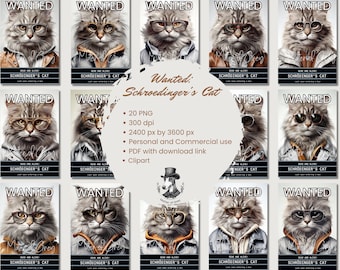 Poster Le chat de Schrödinger recherché : 20 images PNG originales pour de l'humour et de la création artistique sur la science quantique