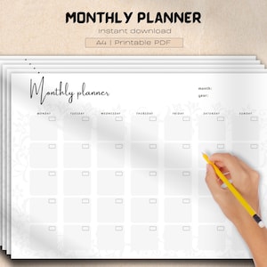 Monthly Planner Landscape, A4 Printable Monthly Template, Undated Monthly Organizer, Undated Pages for an easy print, Instant Download