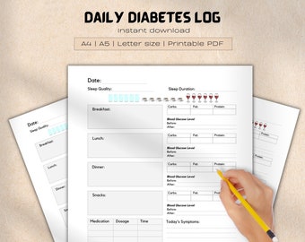 Daily Diabetes Log for Type1 and Type2 Diabetes, Blood Glucose tracker printable, Health notebook page, A4/A5/Letter size, Instant Download