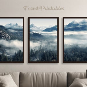 3 Piece Forest Wall Art Print, Green Forest Print Wall Art, Set of 3 Forest Landscape Art, Misty Nature Prints, Modern Art, Minimalist Decor