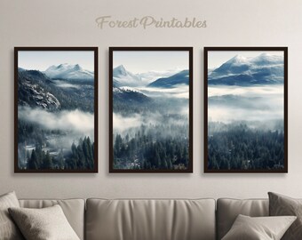 3 Piece Forest Wall Art Print, Green Forest Print Wall Art, Set of 3 Forest Landscape Art, Misty Nature Prints, Modern Art, Minimalist Decor