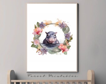 Hippo Nursery Art, Safari Nursery, Printable Nursery Wall Art, Nursery Animal Pictures, Nursery wall decor, nursery digital download jpg