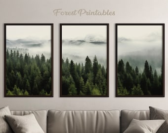 3 Piece Forest Wall Art Print, Green Forest Print Wall Art, Set of 3 Forest Landscape Art, Misty Nature Prints, Modern Art, Minimalist Decor