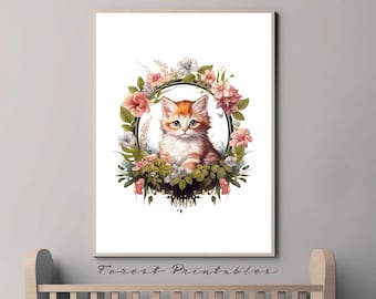 Kitten Nursery Art, Woodland Nursery, Printable Nursery Wall Art, Nursery Animal Pictures, Nursery wall decor, nursery digital download jpg