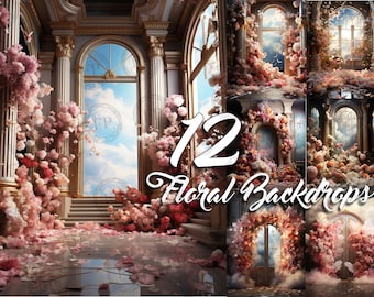 12 Digital Backdrops, Floral Digital Studio Backdrops, Maternity Studio Backdrops, photography studio background, butterfly flower backdrops