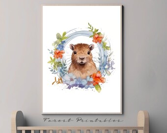 Capybara Nursery Art, Woodland Nursery, Printable Nursery Wall Art, Nursery Animal Pictures, Nursery wall decor, nursery digital download