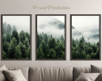 3 Piece Forest Wall Art Print, Green Forest Print Wall Art, Set of 3 Forest Landscape Art, Misty Nature Prints, Modern Art, Minimalist Decor