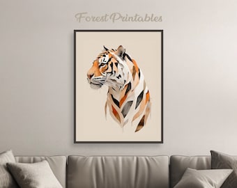 Abstract Tiger Art Print, Tiger Wall Art, Printable Tiger Art, boho prints, safari wall art, digital download, minimalist neutral wall art