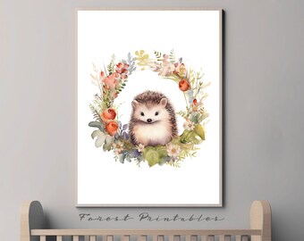 Hedgehog Nursery Art, Woodland Nursery, Printable Nursery Wall Art, Nursery Animal Pictures, Nursery wall decor, nursery digital download