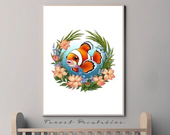 Clownfish Nursery Art, Ocean Nursery, Printable Nursery Wall Art, Nursery Animal Pictures, Nursery wall decor, nursery digital download jpg