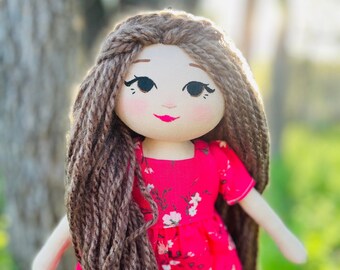 Handmade cloth fabric doll with long hair princess medieval era long brown hair hand embroidered face brown eyes cloth heirloom soft doll