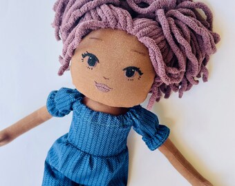 Beautiful African handmade cloth art doll collector hand embroidered doll heirloom doll brown skin doll with purple hair collectible doll