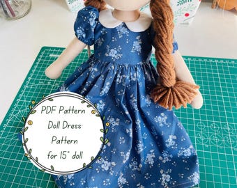 Cartamodello PDF per vestito da bambola di stoffa da 38 cm (15 pollici), con colletto a punta e maniche a sbuffo, livello di difficoltà intermedio, video tutorial incluso.