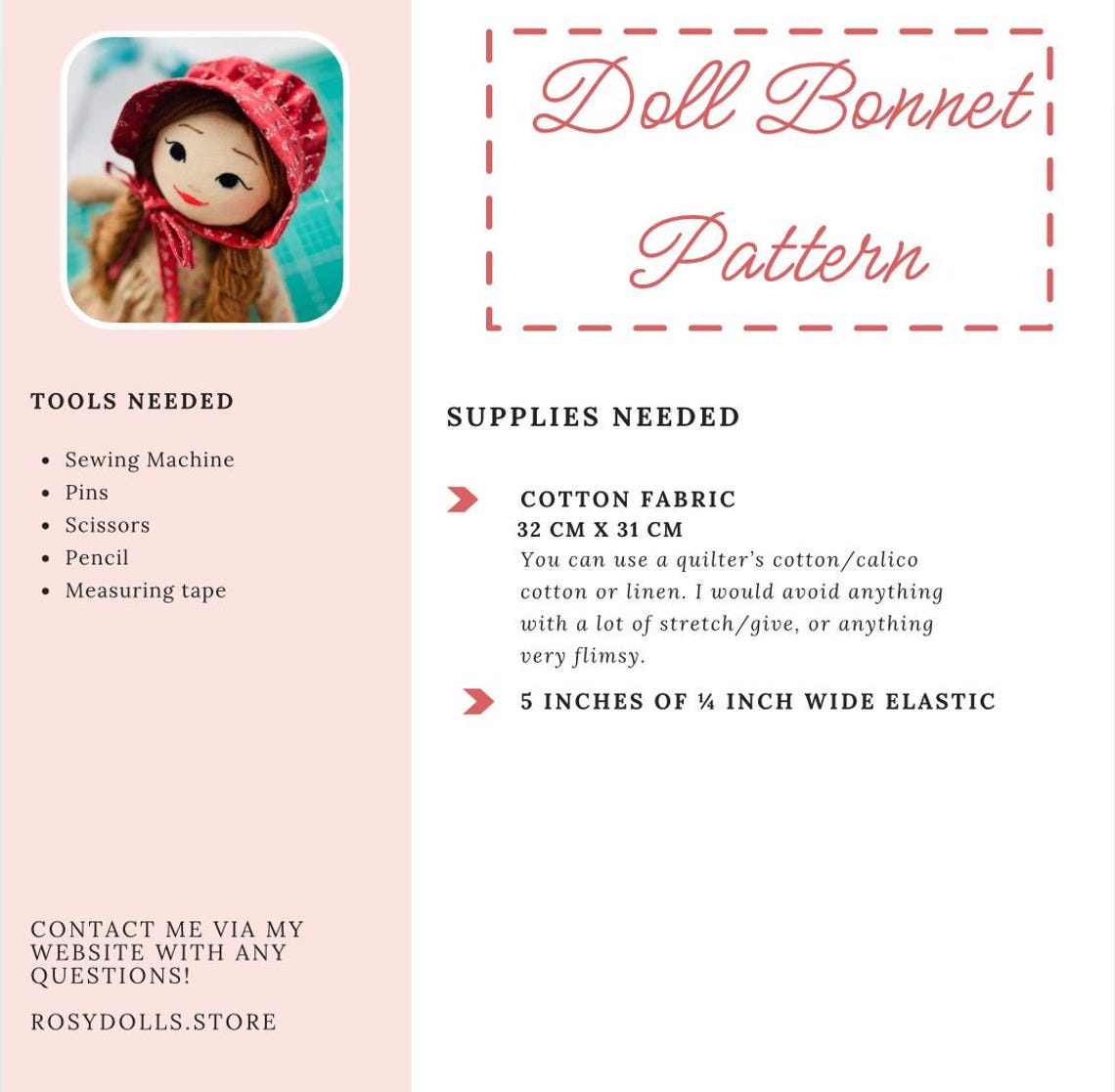 Mini Doll Bonnet Pattern PDF Pattern for a Doll Bonnet, Prairie Bonnet Pattern for 15 Inch Doll ...