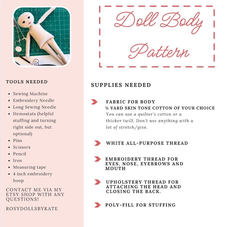 Basic cloth doll BODY PATTERN, make the perfect gift for your rag doll enthusiast. Comes with video tutorial! image 2