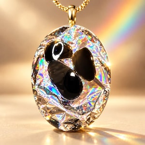 Pode incluir: Um pingente de formato oval com uma superfície de cristal transparente facetado que refrata a luz em um espectro de arco-íris. Incrustadas no cristal estão três pedras pretas opacas e lisas de formas irregulares. Pingente em corrente dourada.