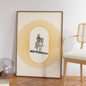 Coastal Cowboy Surfer Wall Print Surf Surfboard Horse Saddle Hat Up Western Beach Ocean Surfing Art Decor Apartment Dorm Room Download Fin