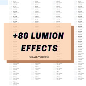 May include: A beige and brown background with the text " +80 LUMION EFFECTS FOR ALL VERSIONS" in black text. The background is a collage of white squares with text in black, showing file names and sizes in megabytes.