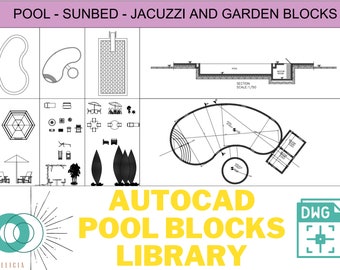 May include: A black and white line drawing of a pool, sunbed, jacuzzi, and garden blocks. The drawing is labeled "POOL - SUNBED - JACUZZI AND GARDEN BLOCKS" and "AUTOCAD POOL BLOCKS LIBRARY".