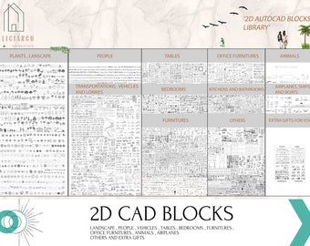 Mega AutoCAD Blocks 2D DWG CAD Library , Templates, Drawings ,Bundle ( Plants, People, Sofa, Transportation, Kitchen and Extra Gifts etc. )