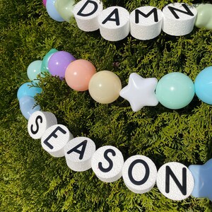 Pu&ograve; includere: Una ghirlanda di palloncini color pastello con lettere in schiuma bianca che compongono la scritta "DAMN SEASON".
