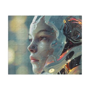 May include: A close-up of a person's face with a futuristic helmet. The helmet is white and has a clear visor. The person's eyes are visible through the visor. The helmet is decorated with glowing lights and wires.
