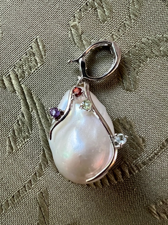Cultured white pear, sterling silver and gemstone 