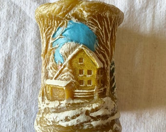 Vintage Relief Candle of Rural Winter Scene / Old-World Style Seasonal Décor / 5 Inches Tall